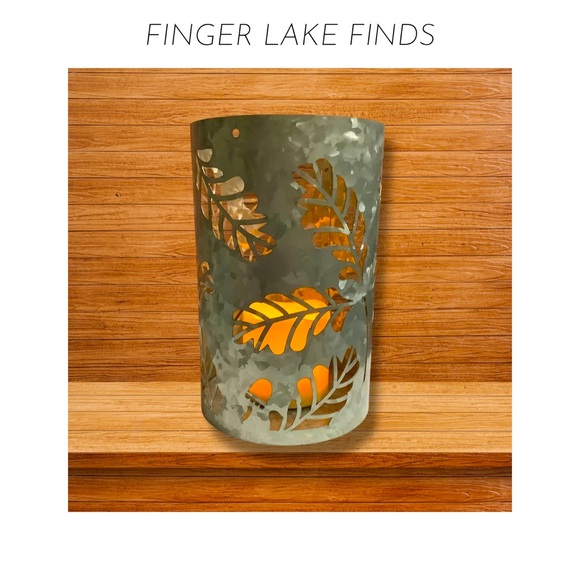 Galvanized Metal Candle Holder With Leaf Cutouts - Picture 1 of 7